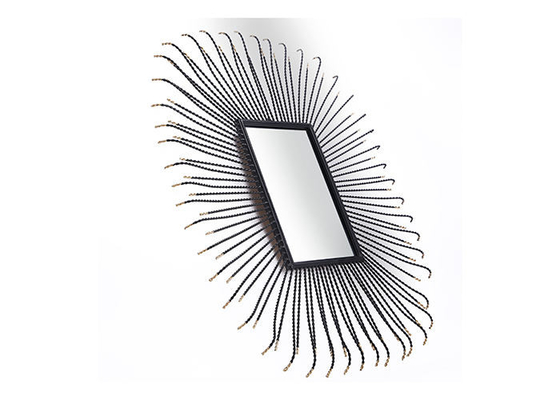 Metal Square Sunburst Wall Mirror Black Frame Dotted With Gold Color For Wall Decoration